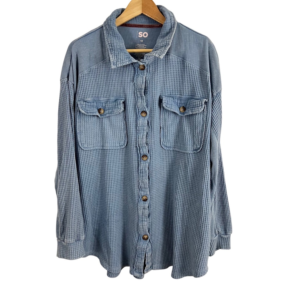 SO Waffle Knit Shirt Top Womens 1X Blue Button Down